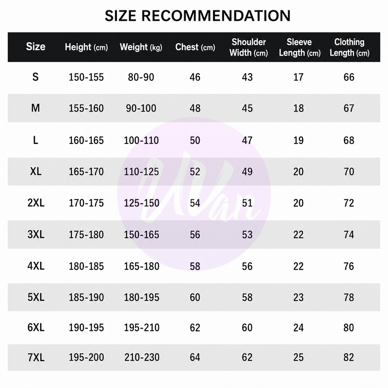 Size Chart for Slim-Fit T-Shirts